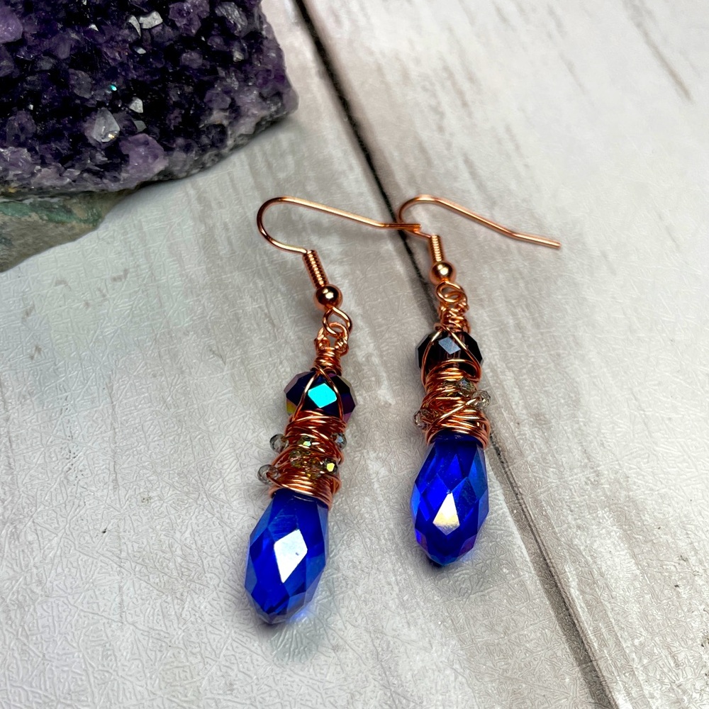Blue Austrian Crystal Hammered Copper Chaos Wrapped Earrings Artisan Designed - Picture 6 of 17